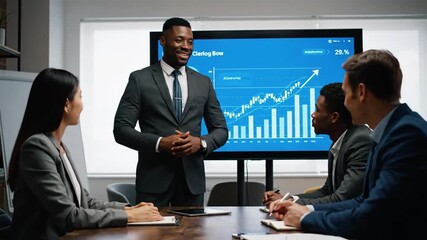 A diverse business team gathers around a conference table as a black businessman presents a growth chart on a screen in a bright modern office setting. - Powered by Adobe