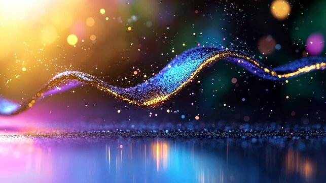 A dynamic, swirling wave of blue and purple particles, illuminated by golden light and surrounded by soft bokeh, reflects on a glossy surface.