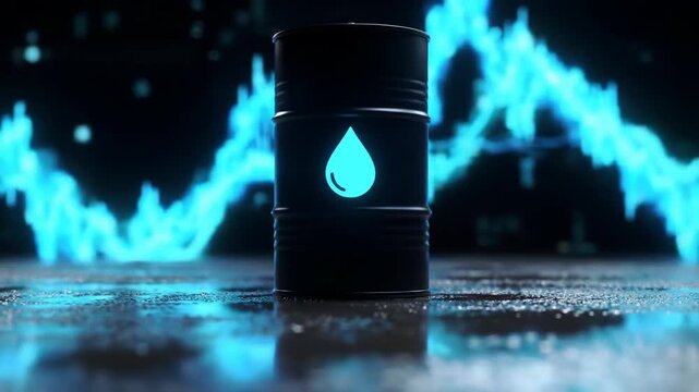 A black oil barrel featuring a cyan oil drop emblem is set against a backdrop of financial data. Reflections on the floor add depth and visual interest in dark setting.