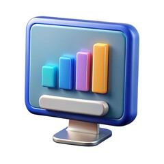 3d computer monitor showing a bar chart with blue, purple, and orange bars, isolated on transparent background