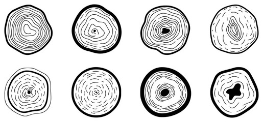 Set of eight hand-drawn tree ring cross-sections, black and white line art