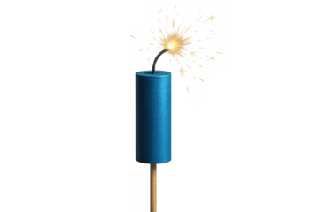 Blue firecracker with a lit fuse sparking, representing concepts of explosion, hazardous situations, risk, excitement, and festivities