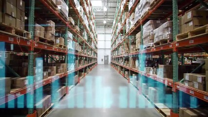 Wide shot of a bright warehouse interior with rows of shelves filled with boxes, overlaid with a light blue augmented reality graph. Focus on storage, industrial logistics, and digitization. - Powered by Adobe