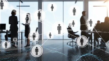 Blurred silhouettes of business people working in a white bright office. A digital network connection visualization overlays the scene, representing global business connection. - Powered by Adobe