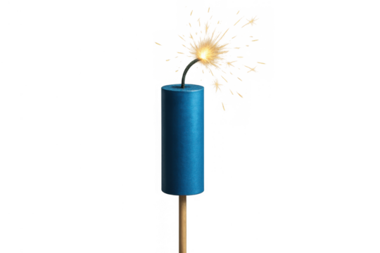Blue firecracker with a lit fuse sparking, representing concepts of explosion, hazardous situations, risk, excitement, and festivities