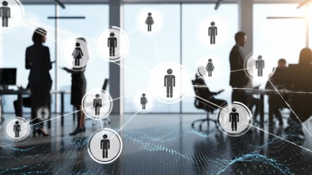 Blurred silhouettes of business people working in a white bright office. A digital network connection visualization overlays the scene, representing global business connection. - Powered by Adobe