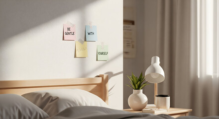 Gentle reminders on wall inspire self care and calm in a bright, sunlit bedroom sanctuary