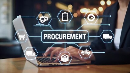 A woman is typing on a laptop with a procurement illustration overlay with geometric icons in bokeh background symbolizing business, commerce, and strategic planning. - Powered by Adobe