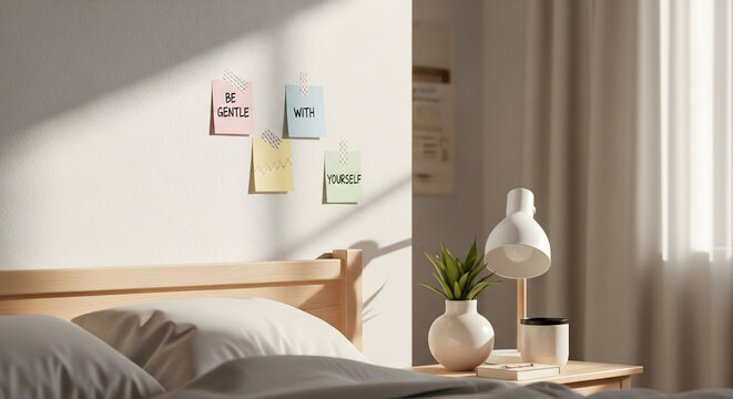 Gentle reminders on wall inspire self care and calm in a bright, sunlit bedroom sanctuary