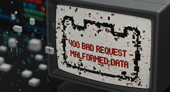 Digital failure is visually represented in this image, with the iconic 400 Bad Request error displayed on a retro computer monitor screen, an immediate metaphor for technological breakdown.
