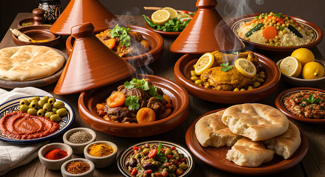Moroccan tagine dishes with lamb chicken couscous fresh bread and vibrant spices served warm
