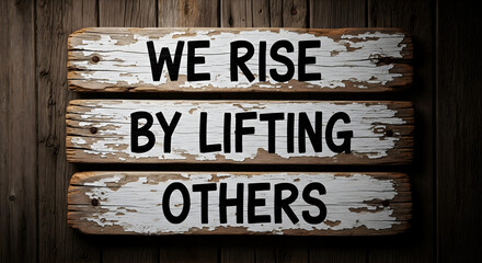 Inspiring rustic wooden sign with powerful message 'We Rise By Lifting Others' promoting unity and teamwork