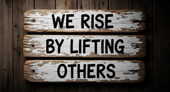 Inspiring rustic wooden sign with powerful message 'We Rise By Lifting Others' promoting unity and teamwork