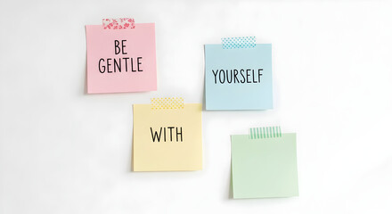 Empowering reminder notes spelling 'Be Gentle With Yourself' on a bright white wall, fostering self care and positive mental health.