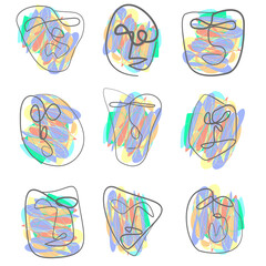 A set of nine abstract face different emotions paintings in one-line art style.  Ideal for prints on fabric, wallpaper, or ceramics.