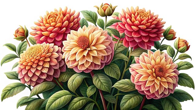 Vibrant dahlia floral arrangement with green leaves