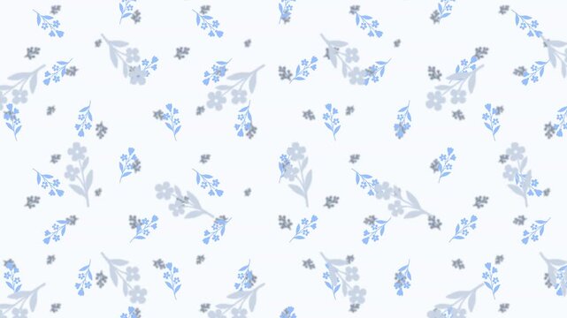 Seamless looped pattern animation of blue flowers with a zoom out motion and parallax effect, on a white background.