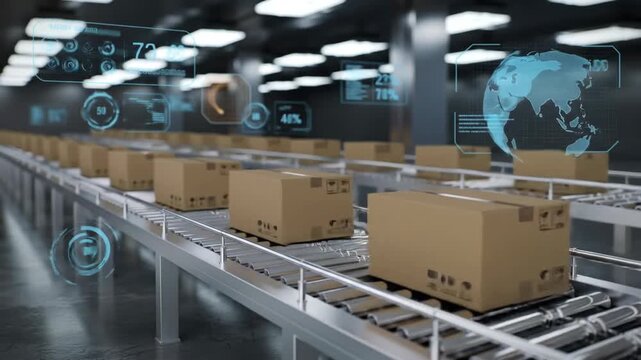 Boxes moving on a conveyor belt in a factory setting with holographic data overlays. Depicts themes of automated delivery, supply chain logistics and global distribution. - Powered by Adobe