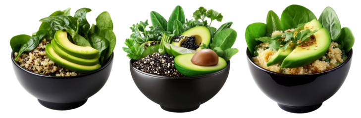 Healthy avocado, leafy greens, quinoa, and seeds burst above a wooden bowl, isolated on white transparent background