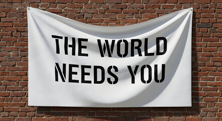 Inspiring banner proclaiming 'The World Needs You' hangs on textured brick wall, conveying powerful message of purpose and contribution