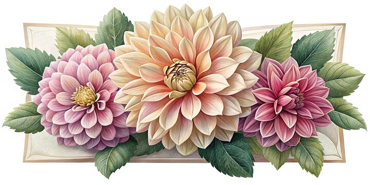 Watercolor dahlias with leaves and subtle frame element