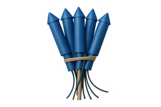 Blue fireworks rockets bundled with rope, representing celebration, explosion, festivity, and holiday events