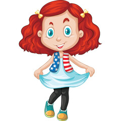 Smiling Caucasian Girl with Red Curly Hair Wearing a White Dress Black Leggings and American Flag Themed Scarf with Pigtails and Blue Eyes Against Transparent Background