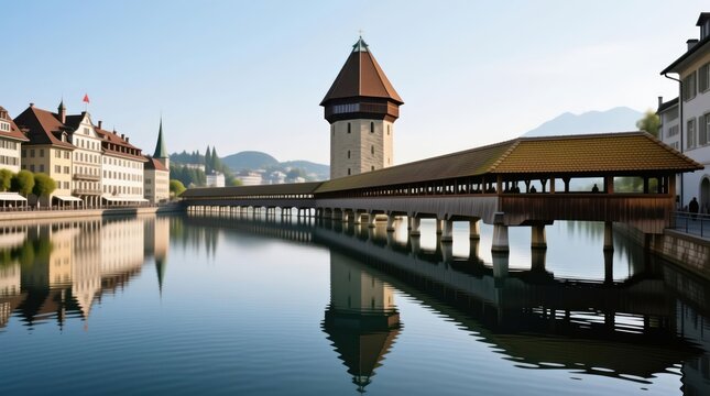 Lake, bridge, town, morning reflections