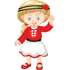 Smiling Young Girl With Blond Pigtails Wearing a Red Long Sleeve Shirt White Skirt and Red Shoes Waving Hello On Transparent Background