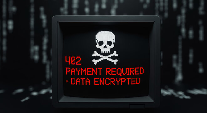 A haunting digital screen illuminates a stark warning of a cyber threat, displaying a chilling message of data encryption and ransom demands against a dark backdrop.