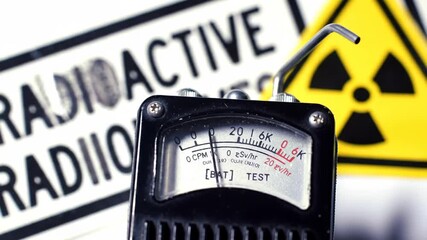 A radiation meter with yellow warning sign indicating radioactive materials. The image emphasizes the danger of radiation with hazard symbols and caution.
