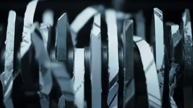 A close-up shows a document shredder in action, its silver blades slicing through paper against a dark backdrop emphasizing financial data security and secure document disposal.
