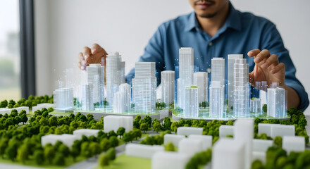 Architect Analyzing a Scale Model of a Modern City