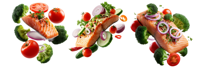 Grilled salmon fillet with tomato, broccoli, and onion, isolated on white background, concept of healthy food