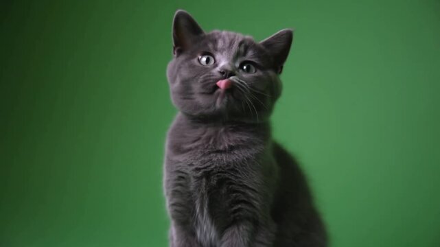 A playful cat sticking out its tongue, set against a green backdrop Stock Video