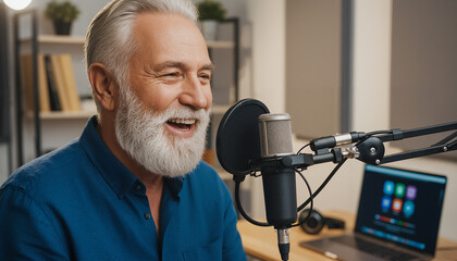 Senior man recording a podcast or broadcast in a home studio, speaking enthusiastically into a professional microphone setup while creating new digital content.