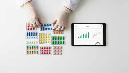 Professional hands in gloves selecting colorful medicine pills from blister packs, analyzing data charts on a digital tablet on a white background.