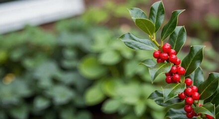Festive holly branch with bright red berries on a blurred green background. Natural winter decoration for Christmas with copy space