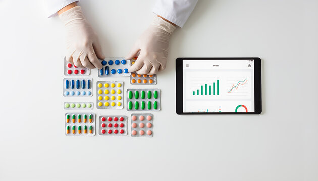 Professional hands in gloves selecting colorful medicine pills from blister packs, analyzing data charts on a digital tablet on a white background.