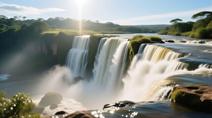 Majestic waterfalls cascading into a tranquil river valley, sunlit landscape