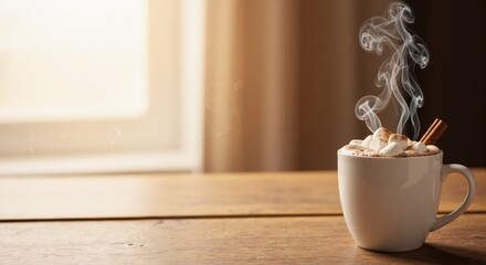 Steaming mug of hot chocolate with marshmallows and cinnamon stick. Cozy warm winter beverage on a rustic wooden table. Background with copy space for text
