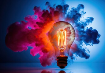 Light bulb with colorful smoke around it on a blue background