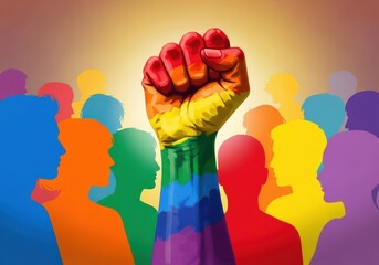 Raised fist in rainbow colors with crowd silhouettes in the background