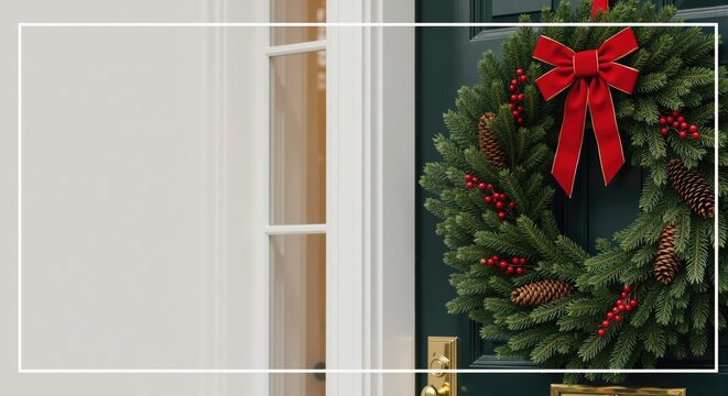 A festive Christmas wreath with a red bow hanging on a front door. Traditional holiday home decoration for the winter season with copy space