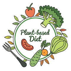 Plantbased diet logo with vegetables and fruits isolated on