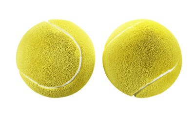 Two tennis ball icons from different angles on white background. 3D rendering background.