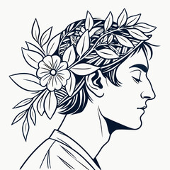 Profile of a man with a flower crown isolated on