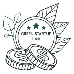 Green startup fund logo with coins isolated on