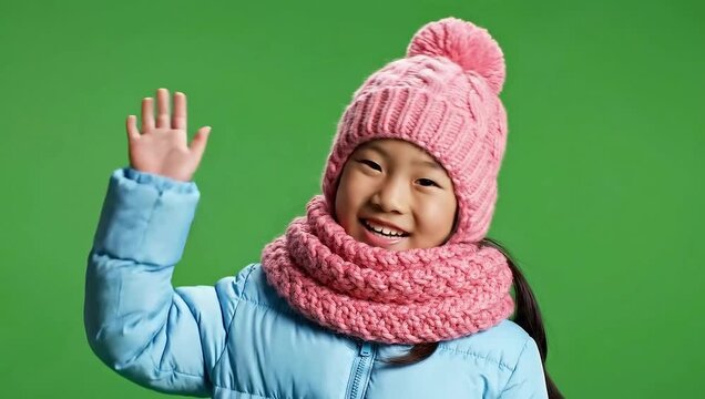 Young Asian girl in winter clothes waving hello on green screen.
