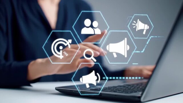 A woman in a dark blue shirt interacts with glowing digital marketing icons above her laptop on a white desk, representing modern business strategy.
